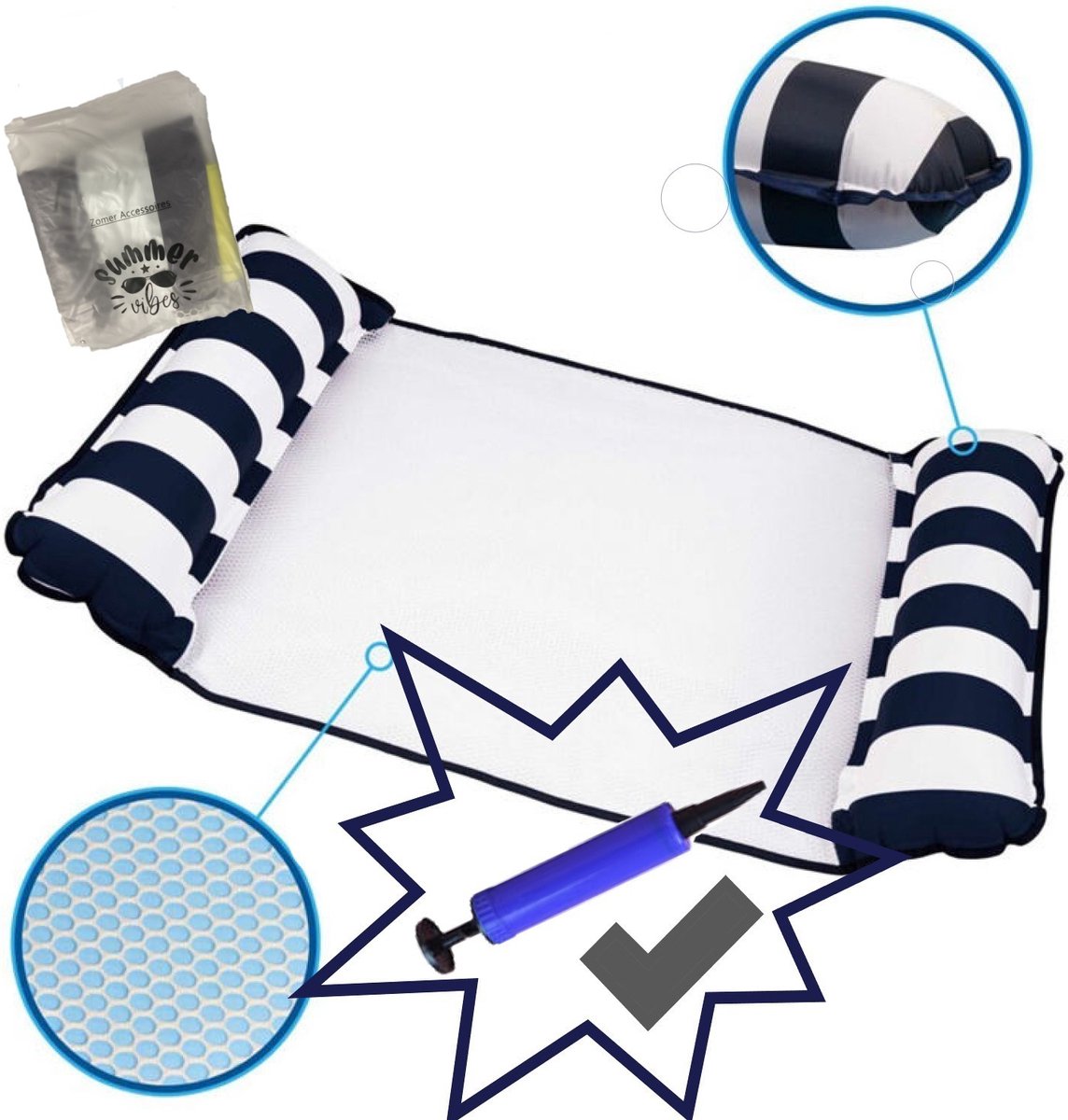 Luxe Waterhangmat - Inclusief Luchtpomp - Waterspeelgoed - Luchtbed - Zwembad Speelgoed - Luchtmatras Zwembad - Water hangmat - Donkerblauw