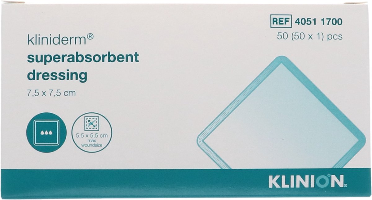 Goedkoopste Kliniderm superabsorbend verband, 7,5 x 7,5cm, steriel, 50 stuks