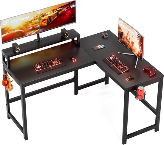 Zwarte L-vormige Tafel met Deur, Kopjes en Haak voor Hoofdtelefoon - 128 cm, Game Tafel aan Beide Zijden - Achterkant met Monitorstandaard voor Kleine Ruimtes