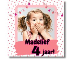 Roze Stickers Met Foto - Gepersonaliseerd met naam en leeftijd - Verjaardag Trakteren Uitdelen - 20 stuks - 4 cm - Vierkant