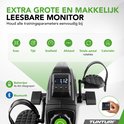 Compacte zwarte hometrainer met voetpedalen en een groot, makkelijk leesbaar display dat scan, tijd, snelheid, afstand, rotaties en calorieën weergeeft. Inclusief batterijen en Bluetooth.