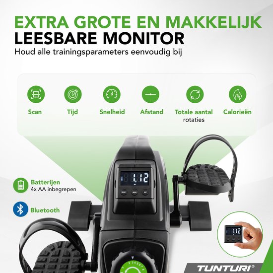Compacte zwarte hometrainer met voetpedalen en een groot, makkelijk leesbaar display dat scan, tijd, snelheid, afstand, rotaties en calorieën weergeeft. Inclusief batterijen en Bluetooth.