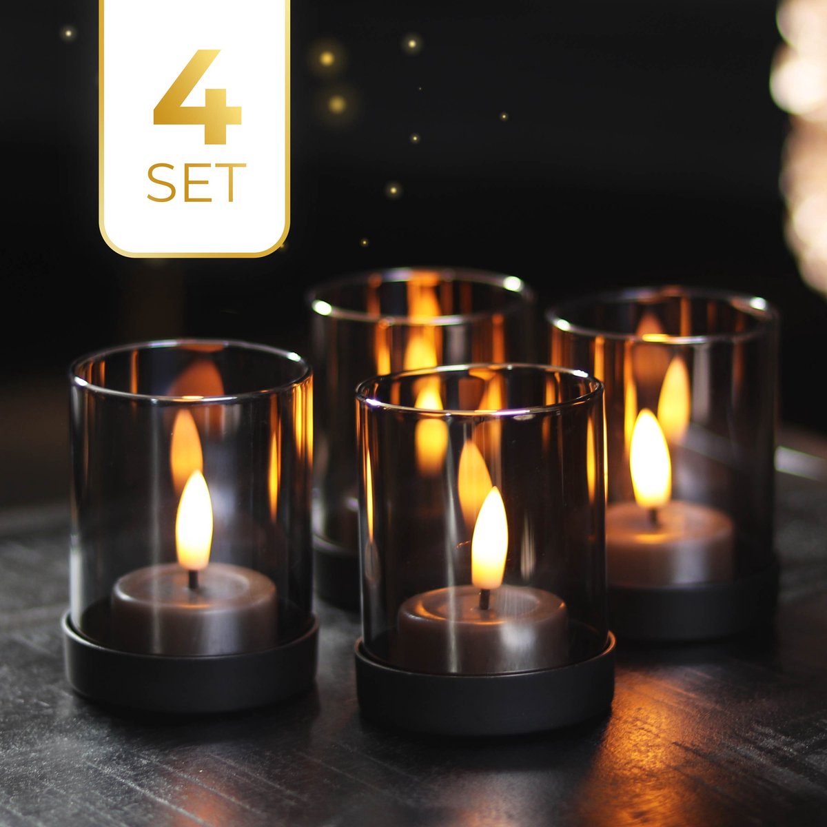 KENN® Industriële Waxinelichthouders - Set van 4 - Smoke/Grijs Glas - Zwarte Metalen Basis - Theelichthouders - Kaarsenhouders - Luxe Uitstraling - Voor Binnen & Buiten - Lichtermeer - Voor LED Kaarsen & Waxinelichtjes