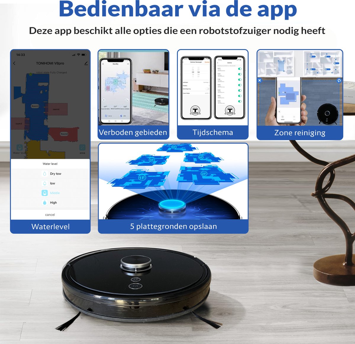TONIHOMI® V8pro Robotstofzuiger Met Dweilfunctie - Robotstofzuiger met leegstation - Robotstofzuiger met laadstation - LDS Laser navigatie - Robotstofzuiger huisdieren - Dweilrobot - Zwart — afbeelding 4