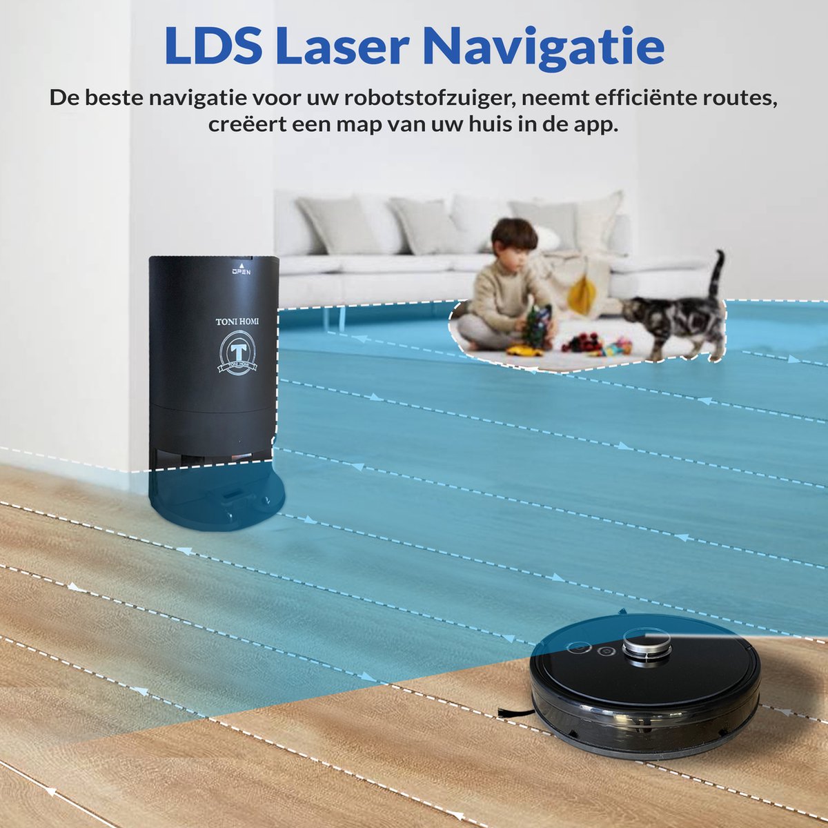 Afbeelding 2 van TONIHOMI® V8pro Robotstofzuiger Met Dweilfunctie - Robotstofzuiger met leegstation - Robotstofzuiger met laadstation - LDS Laser navigatie - Robotstofzuiger huisdieren - Dweilrobot - Zwart
