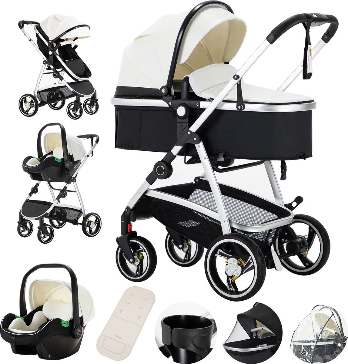 Luxe Multifunctionele 3-in-1 Combi Kinderwagen – Leer Kinderwagen – Opklapbare Wandelwagen – Zwart- wit – Incl. Autostoel