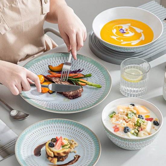 Service de Vaisselle - Ensembles de service - Service de Vaisselle 8 personnes - Relief vert clair - Porcelaine - Services de table 32 pièces - Assiette plate - Assiette à dessert - Kom - Bol à soupe