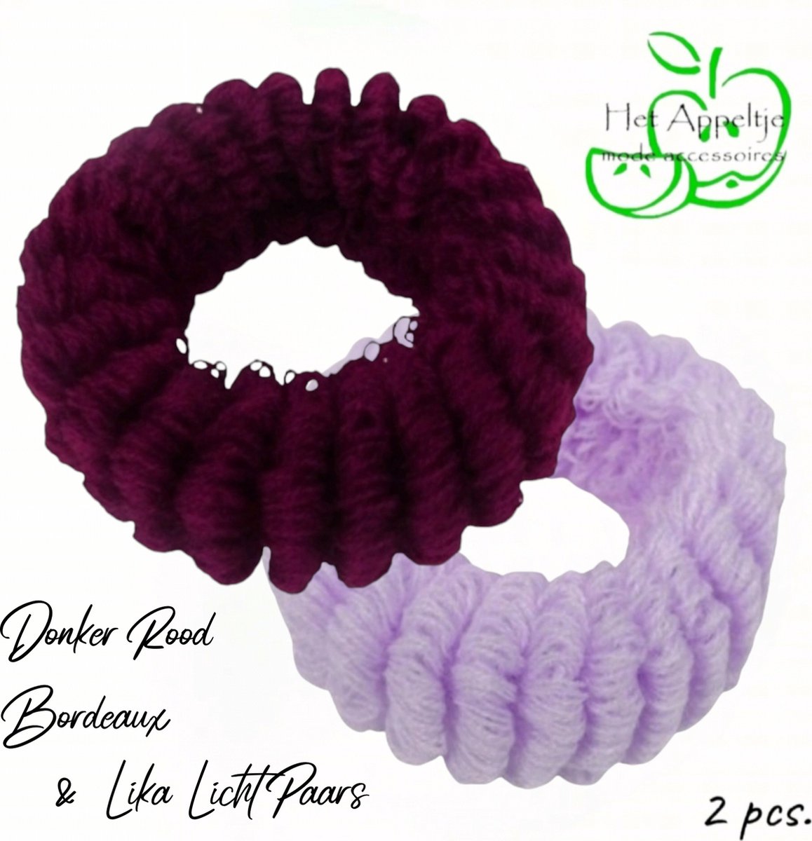 H.A.M.A. - Brede Gebreide Ribbel Haar Elastieken - Donker Rood Bordeaux en Lila Licht Paars - 2 stuks - 6,5 x 3,5 cm - Volwassenen Jeugd Kinderen - Unisex - Casual Sport Feest