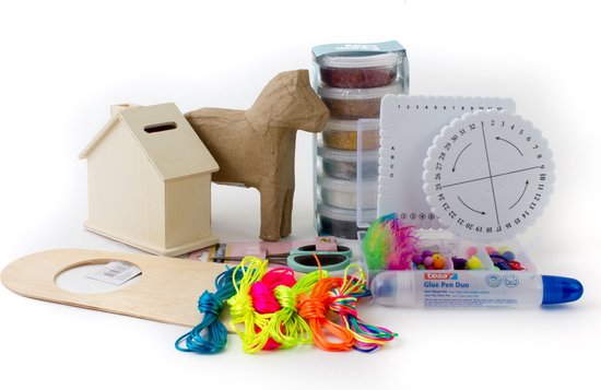 Foto: Creatief knutsel pakket paard spaarhuis satijnkoord neon kleuren luxe knutsel box foam clay papier mach deurhanger hout origineel cadeau kumihimo armbandjes knopen veertje jongen meisje dieren sinterklaas kerst cadeau schoen cadeau