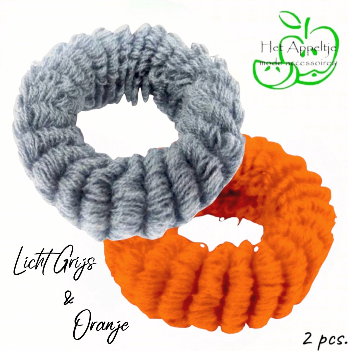 H.A.M.A. - Brede Gebreide Ribbel Haar Elastieken - Licht Grijs en Oranje - 2 stuks - 6,5 x 3,5 cm - Volwassenen Jeugd Kinderen - Casual Sport Feest