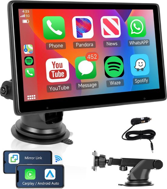 Carplay Car Radio, 1 DIN Bluetooth Android Car Radio, 5 Inch Touchscreen, Radio, Hands-Free, FM Radio, Stereo with Mirror Link, Dual USB/AUX-in/SD Card/SWC Rear Camera Microphone
