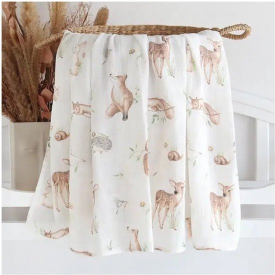 Hydrofiele Doek XL – 120x120 cm – Inbakerdoek Bamboe & Katoen – Eekhoorn, Egel & Vosje Print – Swaddle Doek Baby – Kraamcadeau — afbeelding 2