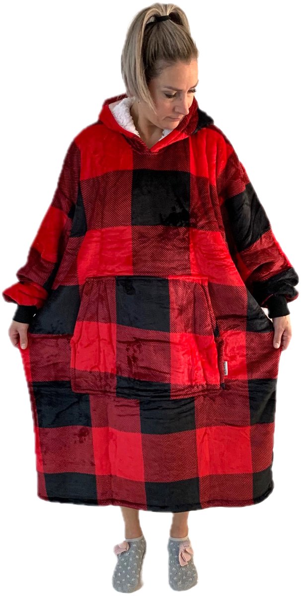 Q-Living Hoodie Deken - Extra Lang & Dik - Plaid Met Mouwen - Snuggle Hoodie - Fleece Deken Met Mouwen - Rood Zwart Extra Lang — cadeau in Wonen & Interieur - foto 6