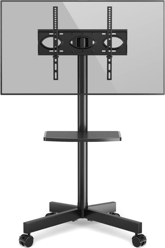 Rolling Floor TV-standaard op vergrendelende wielen voor 32-75 inch tv's, zware mobiele tv-kar met opbergplank, universele hoge tv-gemonteerde trolley voor thuiskantoor