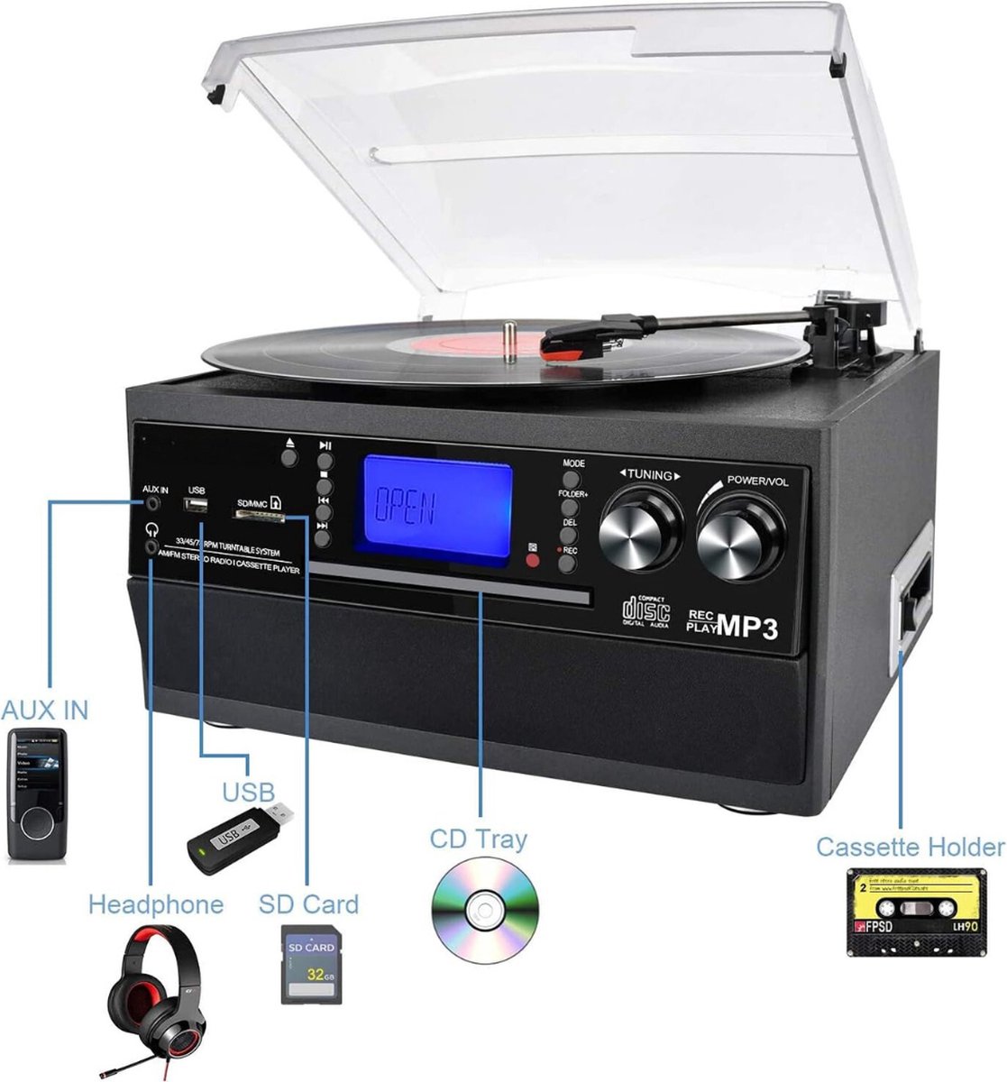 Bluetooth-Platenspeler Met Stereoluidsprekers En Waterrimpellicht Entertainment Licaevey50tsmao1n7 12
