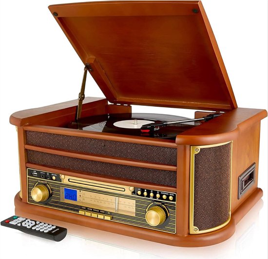 Lehwey Draagbare bluetooth-cd-speler met luidspreker, retro cd-speler met FM-radio, stereogeluid, ondersteunt USB/AUX-weergave, vintage desktop-cd- speler met afstandsbediening, stofbescherming, hout