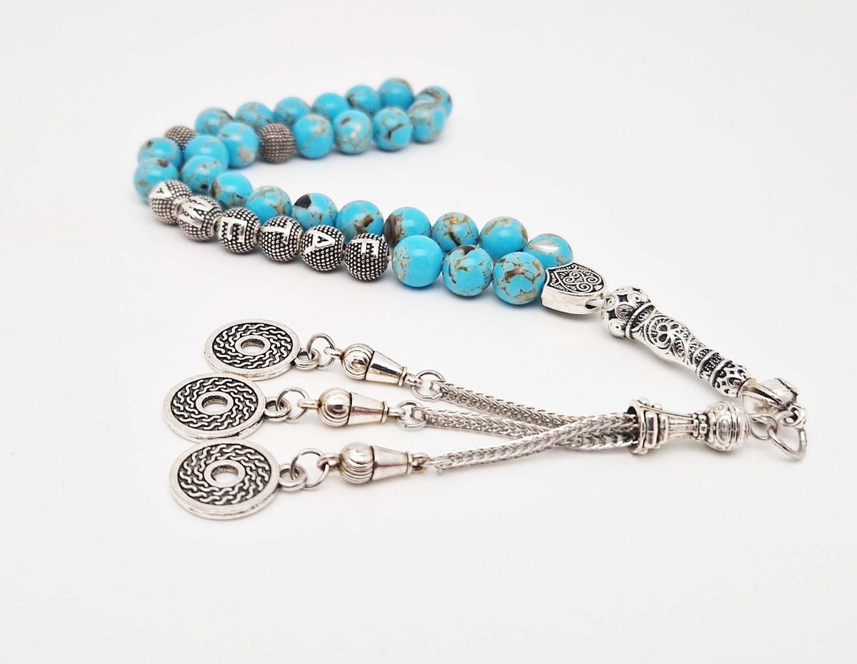 Handgemaakte naam tasbih 33 Kralen Natuursteen “ Turkoois bakeliet” - met metaal tassel “Omarmen"- Met je naam of de naam van uw geliefde- 8 mm diameter van de korrel