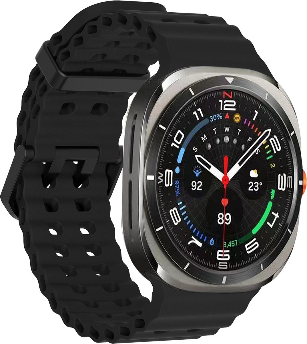 Stravo Ocean siliconen smartwatch bandje - Geschikt voor de Samsung Galaxy Watch Ultra 47mm - Zacht siliconen horlogebandje voor Samsung Galaxy Watch Ultra / Ultra 2025 - Zwart