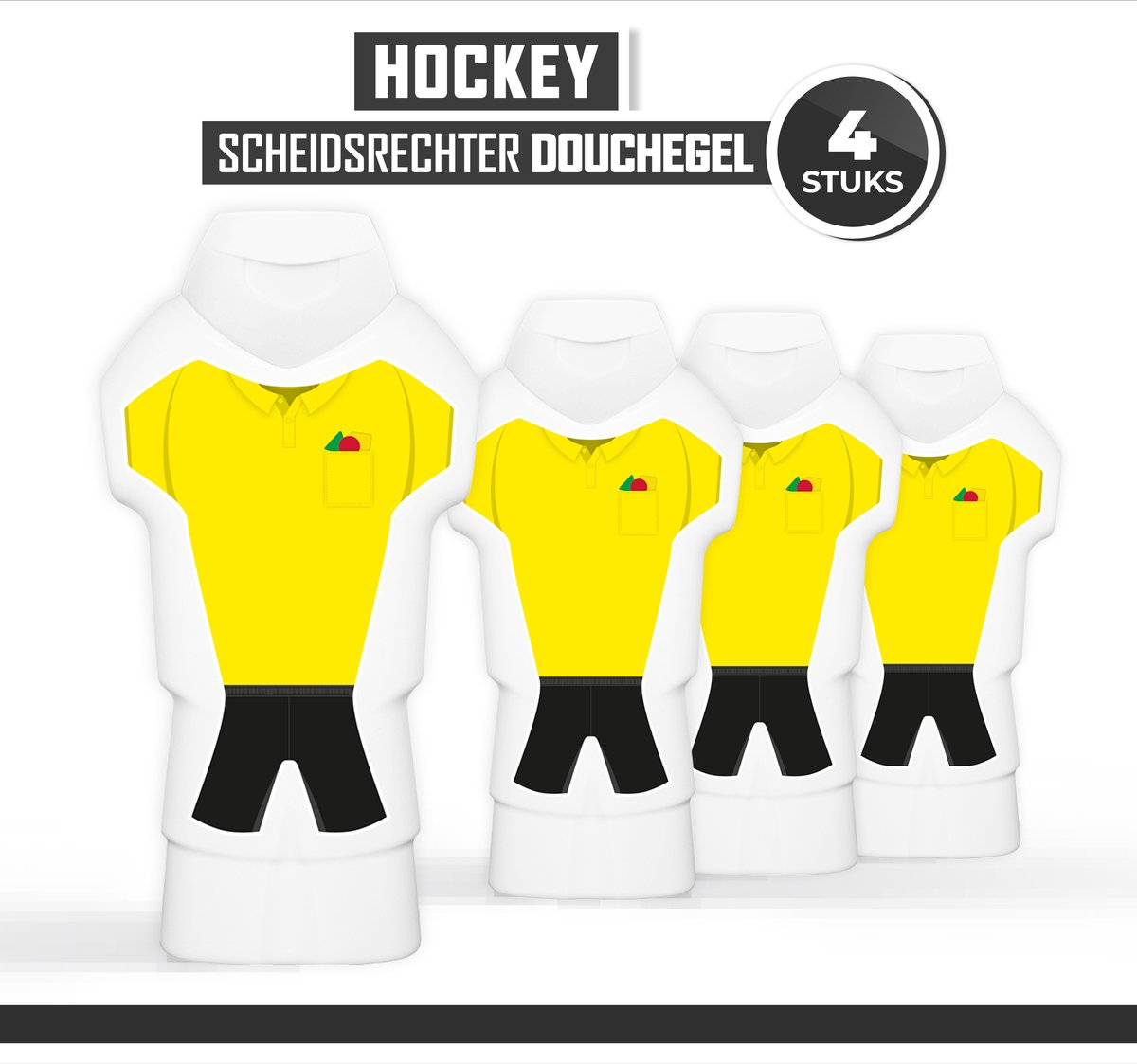 Goedkoopste Douchegel Scheidsrechter Hockey - 4 stuks - Showergel Sport - Cadeautje Scheids - Week van de Scheidsrechters - Douchegel Tenue fles Sport - Klein Bedankt Cadeau - Scheidsbedankt Gift - Wedstrijd - Toernooi - Scheidsrechtersshirt kaartenset - Geel
