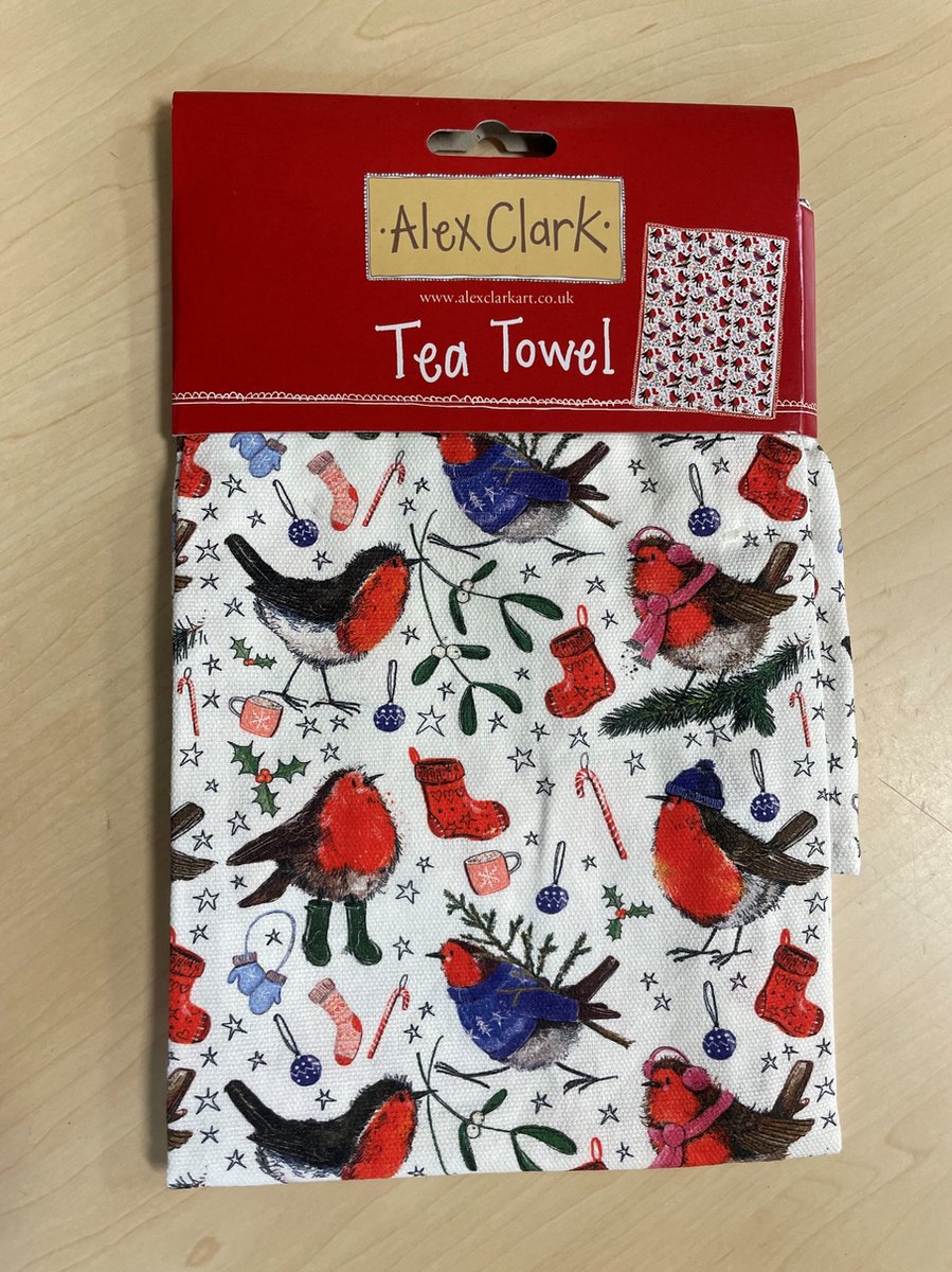 Alex Clark Theedoek Kerst Christmas Festive Robins ~ Roodborstjes winter/kerst