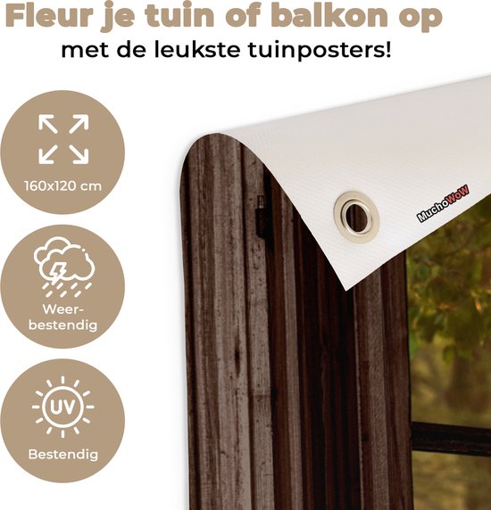 Tuinposter 160x120 cm - Tuindecoratie Herten - Bos - Herfst - Bosdieren - Natuur - Hert - Doorkijk - Poster voor in de tuin - Buiten decoratie - Schutting tuinschilderij - Tuindoek muurdecoratie - Wanddecoratie balkondoek