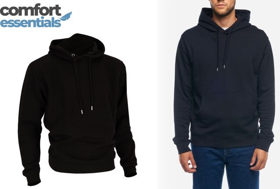 Zwarte en marineblauwe Comfort Essentials hoodie voor heren, met capuchon en kangoeroezak. Model draagt de marineblauwe hoodie met jeans.