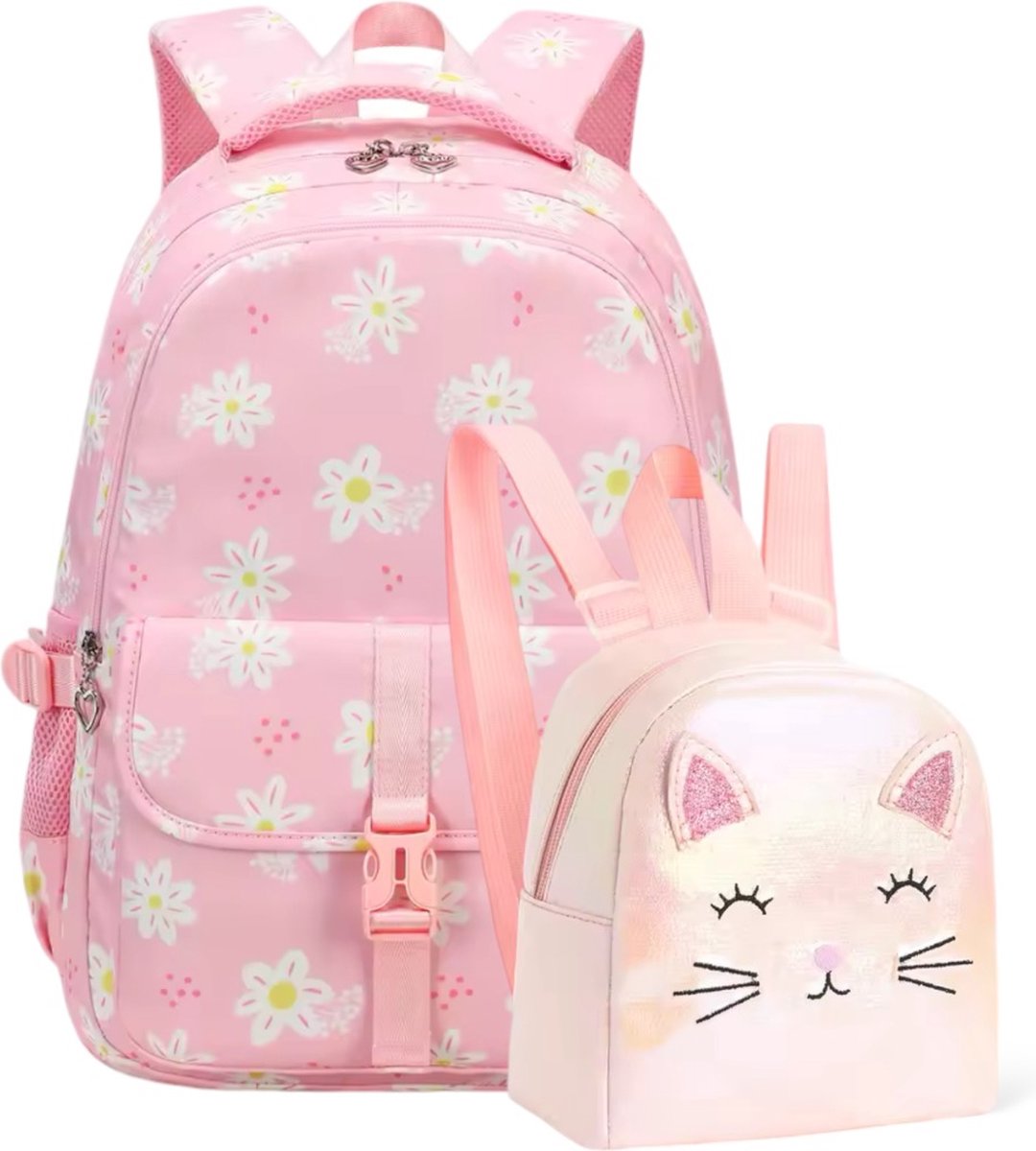 Ultiluxe® Schooltas en rugzak met bloemenprint - Roze/beige - 2-delige tassen set voor meiden - Schoolrugzak, 15.6 inch laptoptas, kleine rugtas - Waterbestendig - Tieners en kinderen - Bloemetjes wit - 29L en 4L