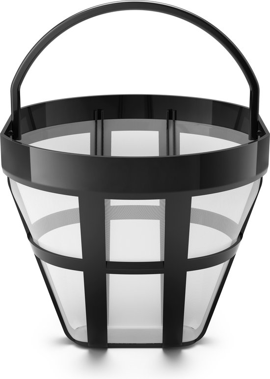 Un panier-filtre noir amovible pour cafetière, avec une poignée.