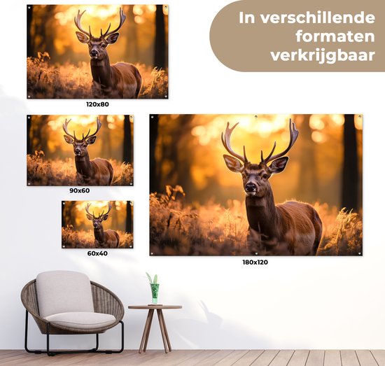 Hert in boslandschap, verkrijgbaar in maten 120x80, 90x60, 60x40 en 180x120 cm.
