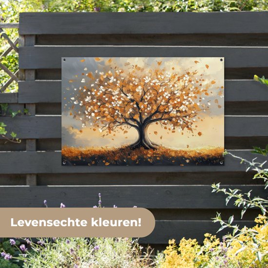 Tuinposter 120x80 cm - Tuindecoratie Herfst - Boom - Oranje - Bladeren - Levensboom - Abstract - Poster voor in de tuin - Buiten decoratie - Schutting tuinschilderij - Tuindoek muurdecoratie - Wanddecoratie balkondoek