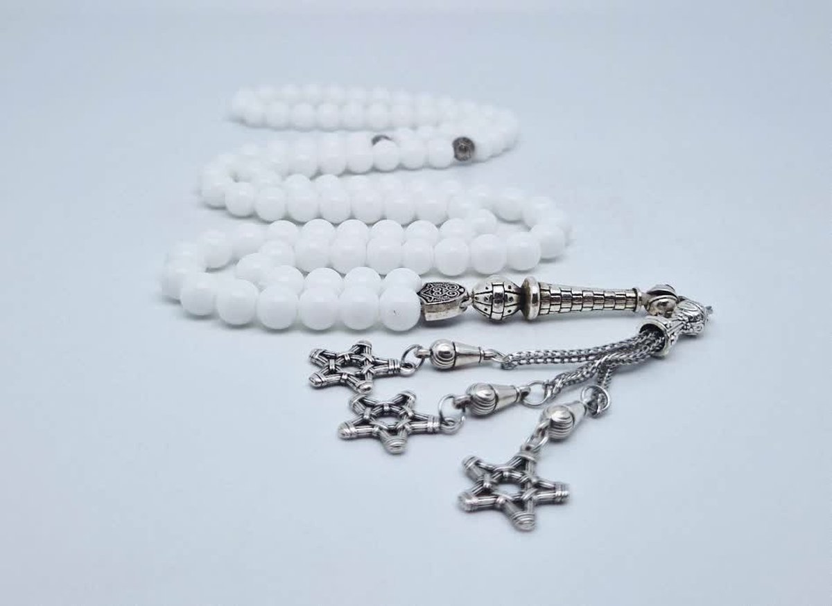 Handgemaakte tesbih natuursteen "Witte Agaat" - Aantal kralen 99 - Diameter kralen 8MM - met metaal tassel "Grote sterren" - Een mooi cadeau-idee