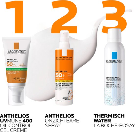 Twee tubes en één sprayfles van La Roche-Posay producten: Anthelios UVMune 400 Oil Control Gel-Crème, Anthelios Onzichtbare Spray en Thermisch Water.