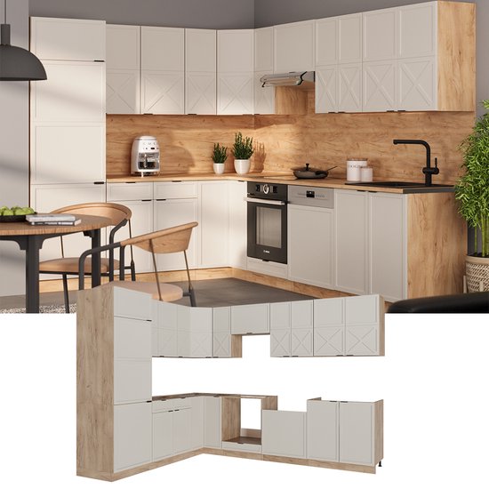 Vicco Fame- Line Cuisine d'angle - 227 x 287 cm, LV Chêne Grijs/ beige / chêne doré, LV Chêne