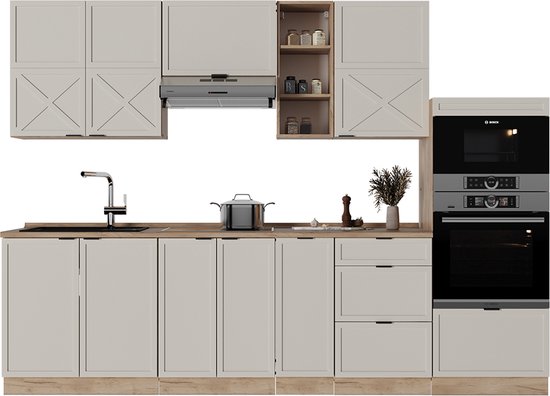 Cuisine complète Vicco Fame- Line – 280 cm, coloris WB Grijs anthracite/beige/chêne doré