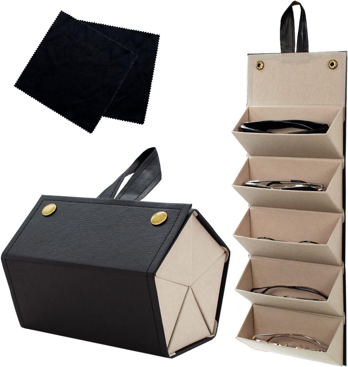 Zonnebril Organizer 5 Slots - Zwarte Brillenhouder voor Meerdere Brillen - Brillenkoker Reisset met 2 Brillendoekjes