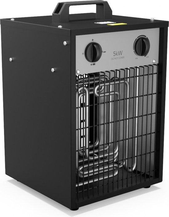 Zwarte elektrische kachel met handvat, chromen verwarmingselementen, twee knoppen en een 5KW-label.