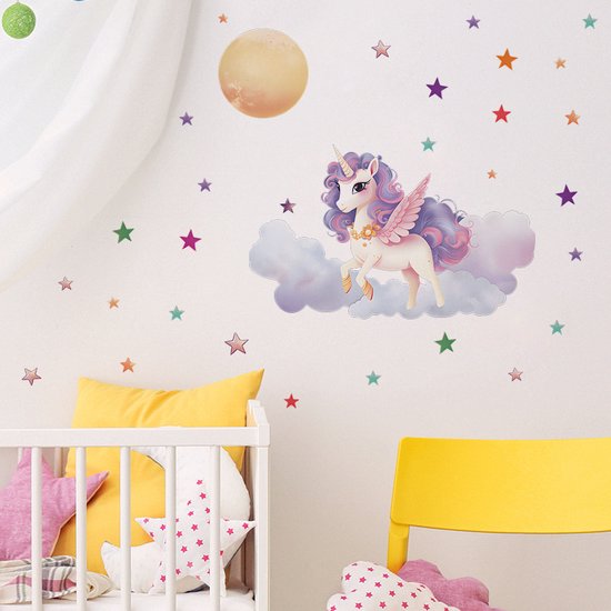 Muursticker Glow in the dark Unicorn op wolk met sterren| Stickers zelfklevend |kinderkamer decoratie| slaapkamer |Meisje | Jongen | Huis inrichting | Stickerkamer®