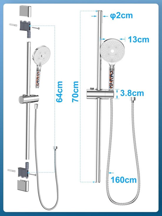 Ensemble de douche de 70 cm avec douchette et flexible de 16 m - blanc/chrome
