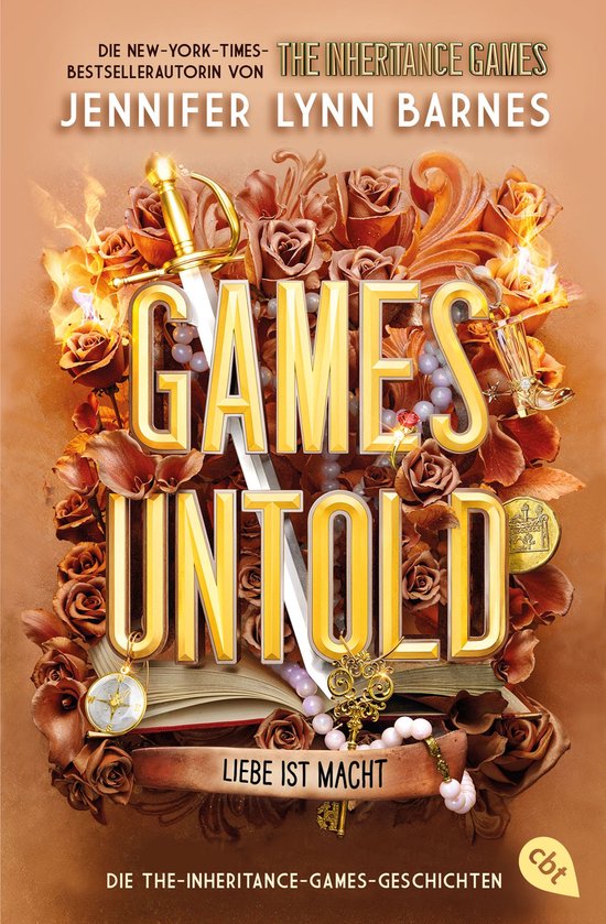 Boekcover met de titel 'Games Untold' in grote gouden letters, omringd door bruine rozen, een zwaard en parels. De tekst 'Die The-Inheritance-Games-Geschichten' staat onderaan.