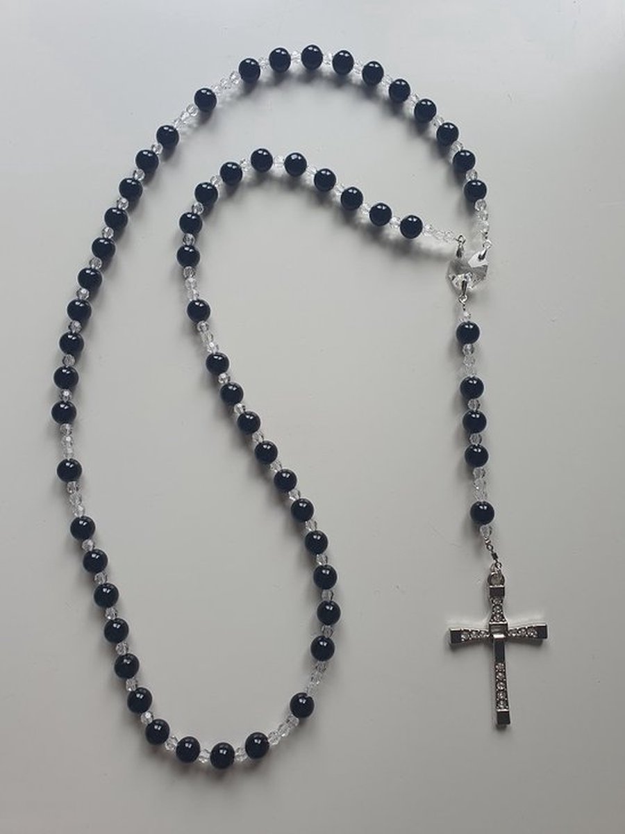Rozenkrans, Paternoster gemaakt met Zwarte agaat kralen ( halfedelsteen ) en o.a. kristallen van Swarovski, gebedssnoer, kruisteken, Meditatie, spiritueel, geloof, geloofsteken, Cadeau, ketting, kruis, gebedssnoer, kerstpakket cadeau