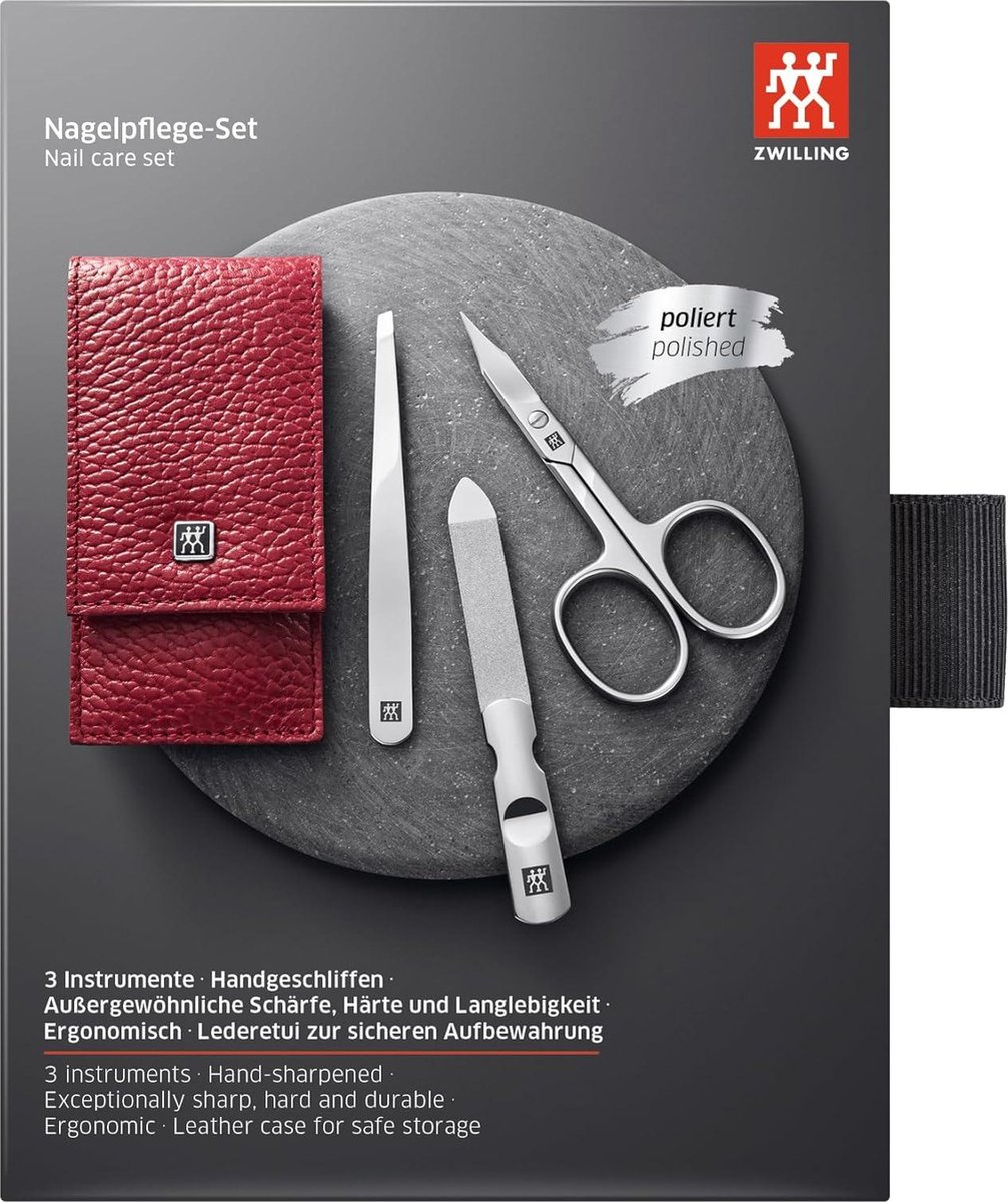 Manicureset 3-delig pedicureset nagelverzorging nagelriemverzorging leer nagelschaar gepolijst roestvrij staal rood