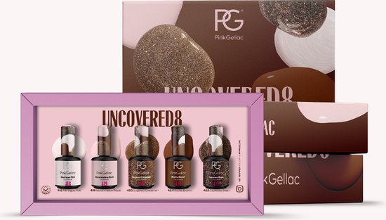 Pink Gellac 'Uncovered8' collectie set met 5 nude gellakken, waaronder glinsterende en matte finishes.