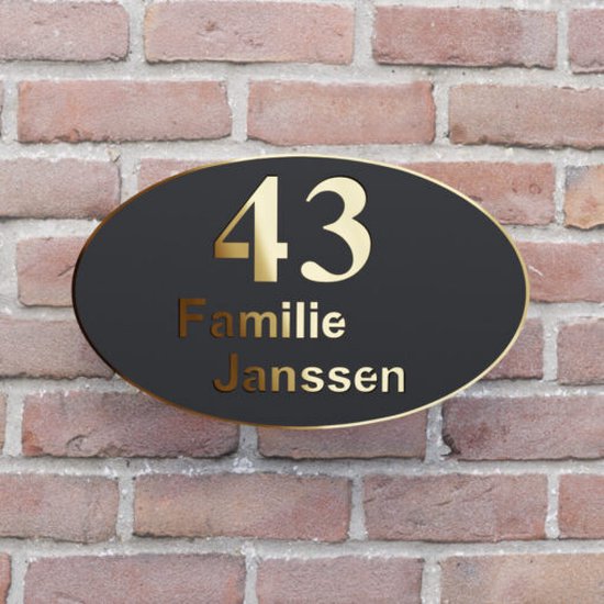 Plaque signalétique de porte d'entrée - Plaque d'immatriculation de maison - Ovale - 25x15 - noir/or - montage aveugle