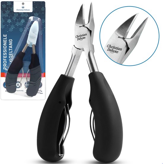 Professionele RVS nagelknipper met ergonomische zwarte handgrepen.