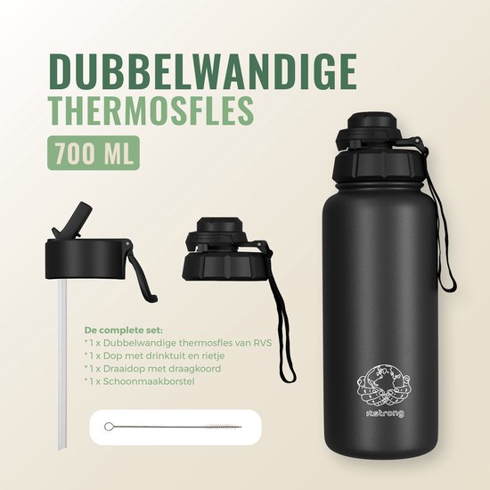 Bouteille isotherme Itstrong® avec paille - Gourde 700 ml - Gourde avec bouchon Extra - Bouteille isotherme - Acier inoxydable à double paroi - Anti-fuite - Zwart
