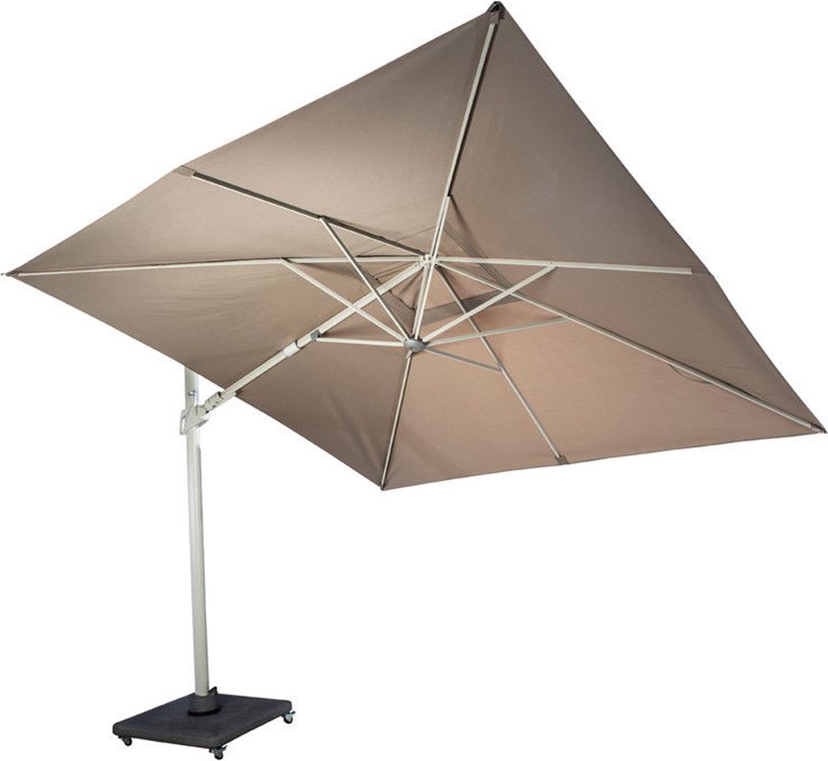 Elegant taupe aluminum parasol by Yoi, measuring 300x220 cm, showcasing a stylish and functional outdoor accessory.