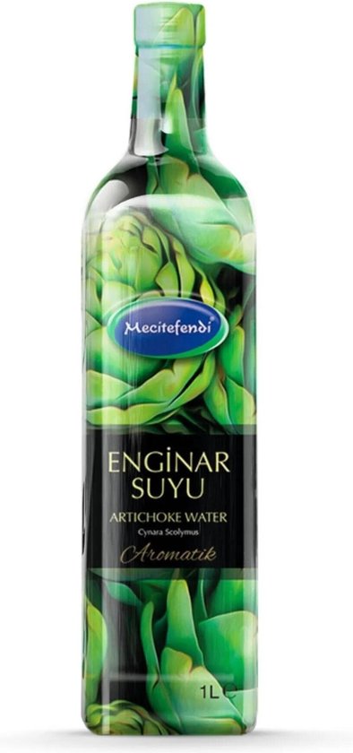 Een fles Mecitefendi Enginar Suyu met artisjokken erop afgebeeld. 1 Liter.