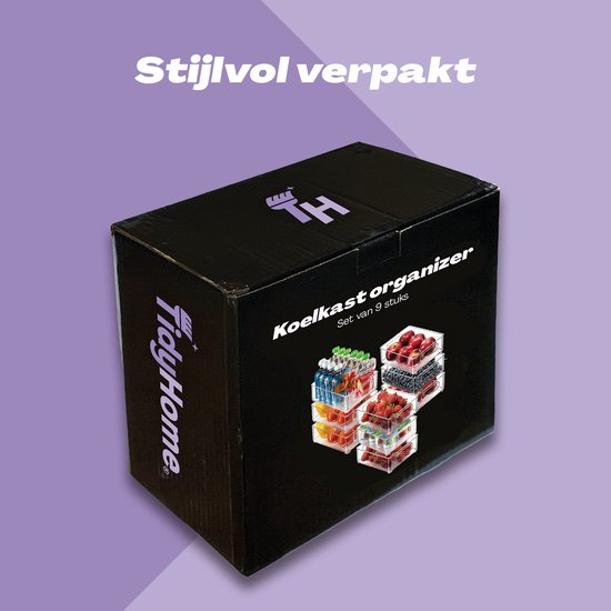 Zwarte verpakking van TidyHome voor een 9-delige koelkast organizer set.