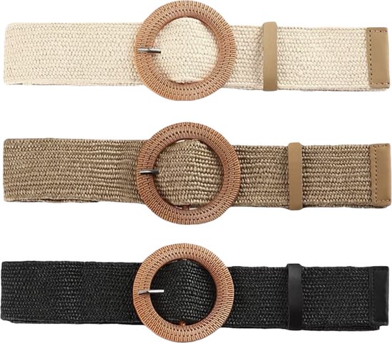 Foto: Ultiluxe brede gevlochten taille riemen beige bruin zwart 3 stuks geweven elastische boho stro riem retro riem voor dames ibiza bohemian stijl ronde gesp vintage 3 delige set tailleriemen