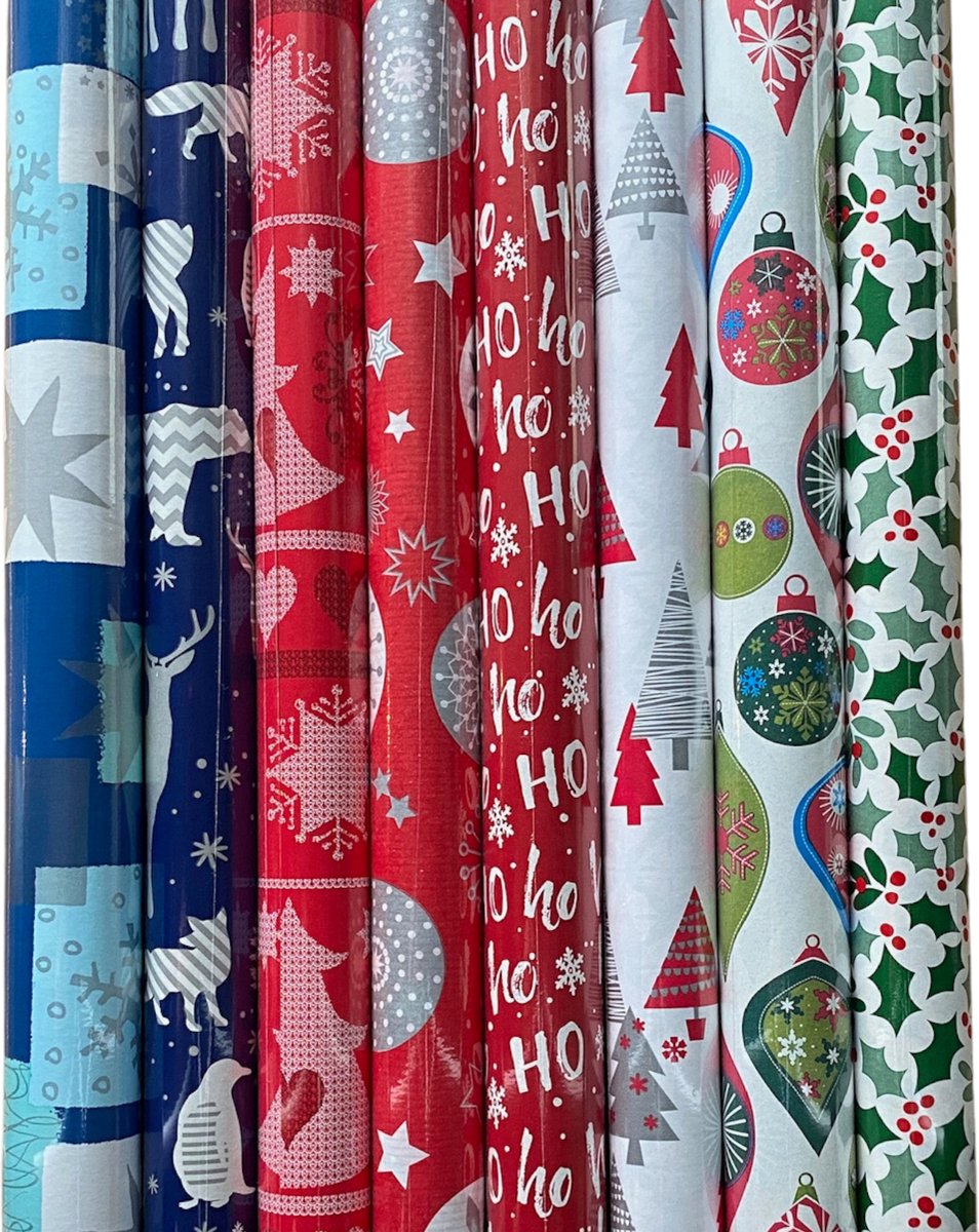 FESTIVE GIFTS Inpakpapier - Cadeaupapier - 200 x 70cm - 8 rollen - Kerst - Luxe - Luxe Cadeauverpakking - (ontwerp/kleur)